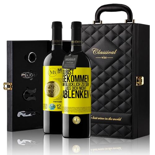 «Du bist gekommen um glücklich zu sein Lass dich nicht ablenken» Flaschenpost. Geschenk-Luxus-Aktentasche 2x Premium Rotwein Reserve 12 Monate und Set mit 4 Accessoires. Etikett Gelb ANPASSBAR von Mensaje en una Botella