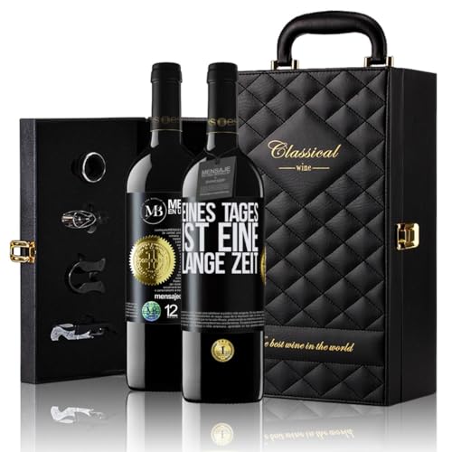 «Eines Tages ist eine lange Zeit» Flaschenpost. Geschenk-Luxus-Aktentasche 2x Premium Rotwein Reserve 12 Monate und Set mit 4 Accessoires. Etikett Schwarz ANPASSBAR von Mensaje en una Botella