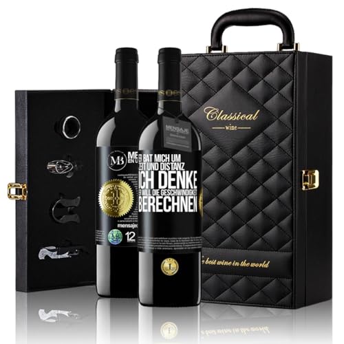 «Er bat mich um Zeit und Distanz Ich denke er will die...» Flaschenpost. Geschenk-Luxus-Aktentasche 2x Premium Rotwein Reserve 12 Monate und Set mit 4 Accessoires. Etikett Schwarz ANPASSBAR von Mensaje en una Botella