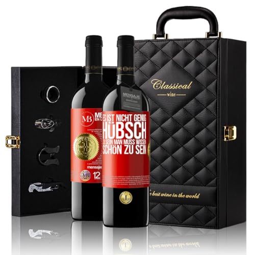 «Es ist nicht genug hübsch zu sein Man muss wissen schön zu sein» Flaschenpost. Geschenk-Luxus-Aktentasche 2x Premium Rotwein Reserve 12 Monate und Set mit 4 Accessoires. Etikett Rot ANPASSBAR von Mensaje en una Botella