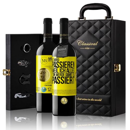 «Es wird passieren weil ich alles tun werde damit es passiert» Flaschenpost. Geschenk-Luxus-Aktentasche 2x Premium Rotwein Reserve 12 Monate und Set mit 4 Accessoires. Etikett Gelb ANPASSBAR von Mensaje en una Botella