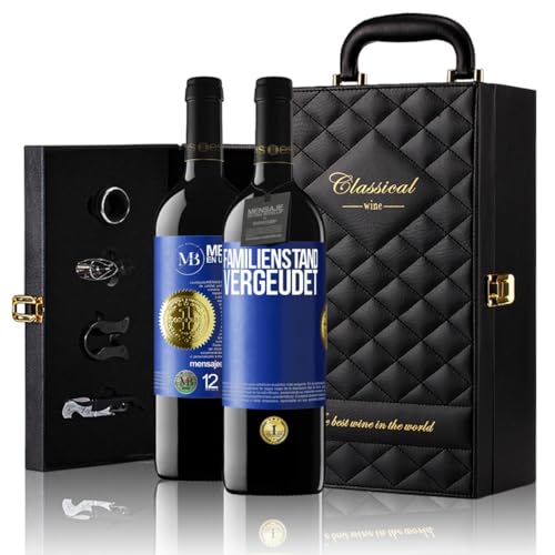 «Familienstand vergeudet» Flaschenpost. Geschenk-Luxus-Aktentasche 2x Premium Rotwein Reserve 12 Monate und Set mit 4 Accessoires. Etikett Blau ANPASSBAR von Mensaje en una Botella