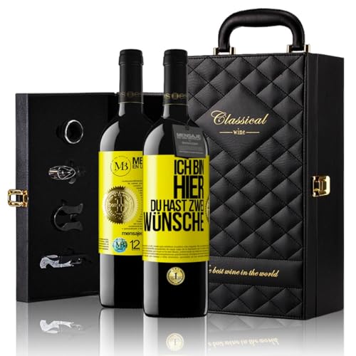 «Ich bin hier Du hast zwei Wünsche» Flaschenpost. Geschenk-Luxus-Aktentasche 2x Premium Rotwein Reserve 12 Monate und Set mit 4 Accessoires. Etikett Gelb ANPASSBAR von Mensaje en una Botella