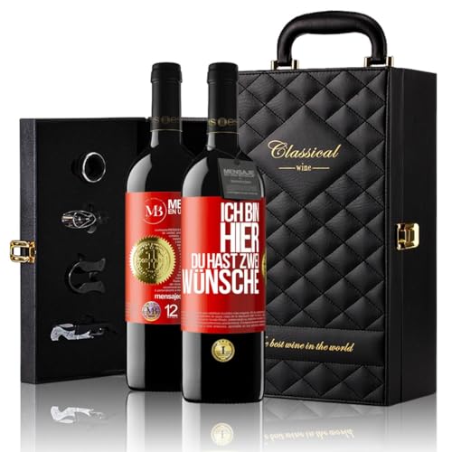 «Ich bin hier Du hast zwei Wünsche» Flaschenpost. Geschenk-Luxus-Aktentasche 2x Premium Rotwein Reserve 12 Monate und Set mit 4 Accessoires. Etikett Rot ANPASSBAR von Mensaje en una Botella