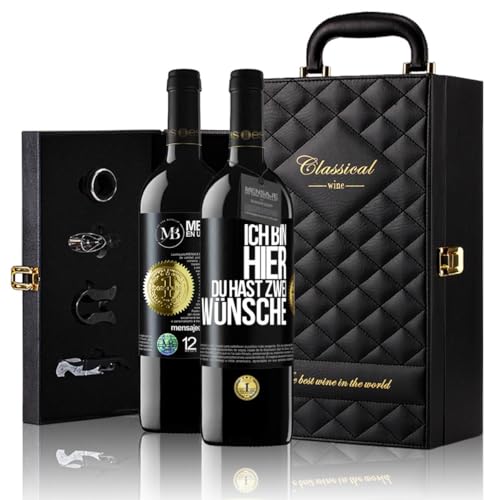 «Ich bin hier Du hast zwei Wünsche» Flaschenpost. Geschenk-Luxus-Aktentasche 2x Premium Rotwein Reserve 12 Monate und Set mit 4 Accessoires. Etikett Schwarz ANPASSBAR von Mensaje en una Botella