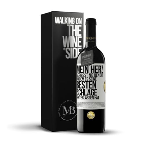 «Mein Herz vergisst nie den Ort an dem es seine besten Schläge hinterlassen hat» Flaschenpost. Premium Rotwein Reserve 12 Monate + Gift Box. Etikett Weiß ANPASSBAR von Mensaje en una Botella