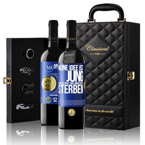 «Meine Idee ist jung aber so spät wie möglich zu sterben» Flaschenpost. Geschenk-Luxus-Aktentasche 2x Premium Rotwein Reserve 12 Monate und Set mit 4 Accessoires. Etikett Blau ANPASSBAR von Mensaje en una Botella