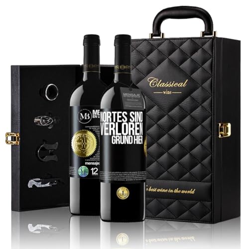 «Nortes sind verloren Grund hier» Flaschenpost. Geschenk-Luxus-Aktentasche 2x Premium Rotwein Reserve 12 Monate und Set mit 4 Accessoires. Etikett Schwarz ANPASSBAR von Mensaje en una Botella