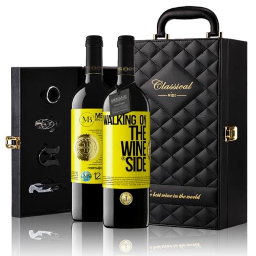 «Walking on the Wine Side» Flaschenpost. Geschenk-Luxus-Aktentasche 2x Premium Rotwein Reserve 12 Monate und Set mit 4 Accessoires. Etikett Gelb ANPASSBAR von Mensaje en una Botella