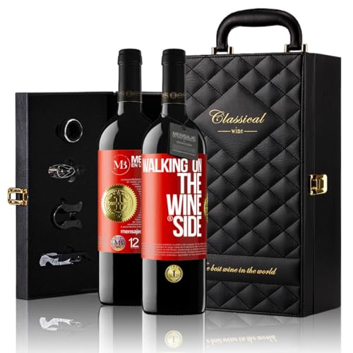 «Walking on the Wine Side» Flaschenpost. Geschenk-Luxus-Aktentasche 2x Premium Rotwein Reserve 12 Monate und Set mit 4 Accessoires. Etikett Rot ANPASSBAR von Mensaje en una Botella