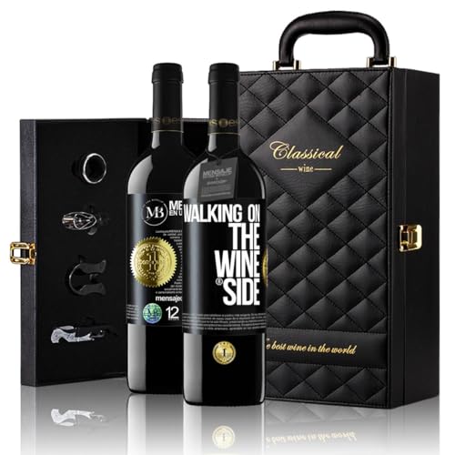 «Walking on the Wine Side» Flaschenpost. Geschenk-Luxus-Aktentasche 2x Premium Rotwein Reserve 12 Monate und Set mit 4 Accessoires. Etikett Schwarz ANPASSBAR von Mensaje en una Botella