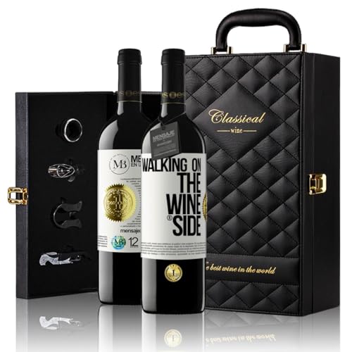 «Walking on the Wine Side» Flaschenpost. Geschenk-Luxus-Aktentasche 2x Premium Rotwein Reserve 12 Monate und Set mit 4 Accessoires. Etikett Weiß ANPASSBAR von Mensaje en una Botella