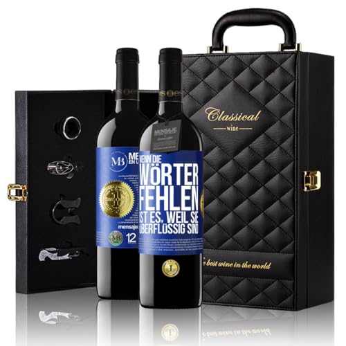 «Wenn die Wörter fehlen ist es, weil sie überflüssig sind» Flaschenpost. Geschenk-Luxus-Aktentasche 2x Premium Rotwein Reserve 12 Monate und Set mit 4 Accessoires. Etikett Blau ANPASSBAR von Mensaje en una Botella