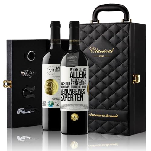 «Wenn du mich alleine reden siehst mach dir keine Sorgen Manchmal...» Flaschenpost. Geschenk-Luxus-Aktentasche 2x Premium Rotwein Reserve 12 Monate und Set mit 4 Accessoires. Etikett Weiß ANPASSBAR von Mensaje en una Botella