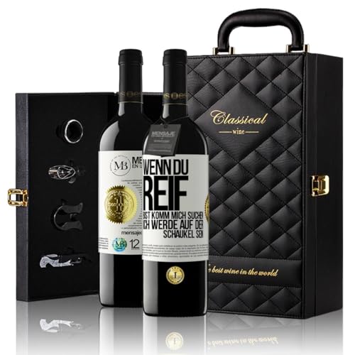 «Wenn du reif bist komm mich suchen Ich werde auf der Schaukel sein» Flaschenpost. Geschenk-Luxus-Aktentasche 2x Premium Rotwein Reserve 12 Monate und Set mit 4 Accessoires. Etikett Weiß ANPASSBAR von Mensaje en una Botella