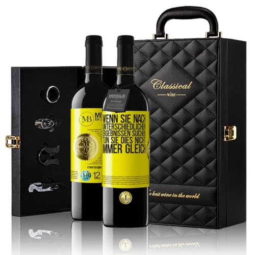 «Wenn du unterschiedliche Ergebnisse erzielen willst, tu nicht...» Flaschenpost. Geschenk-Luxus-Aktentasche 2x Premium Rotwein Reserve 12 Monate und Set mit 4 Accessoires. Etikett Gelb ANPASSBAR von Mensaje en una Botella