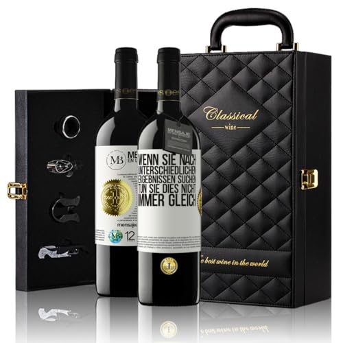 «Wenn du unterschiedliche Ergebnisse erzielen willst, tu nicht...» Flaschenpost. Geschenk-Luxus-Aktentasche 2x Premium Rotwein Reserve 12 Monate und Set mit 4 Accessoires. Etikett Weiß ANPASSBAR von Mensaje en una Botella