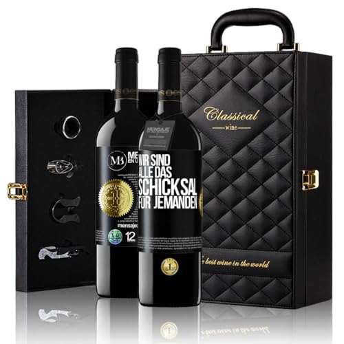 «Wir sind alle das Schicksal für jemanden» Flaschenpost. Geschenk-Luxus-Aktentasche 2x Premium Rotwein Reserve 12 Monate und Set mit 4 Accessoires. Etikett Schwarz ANPASSBAR von Mensaje en una Botella