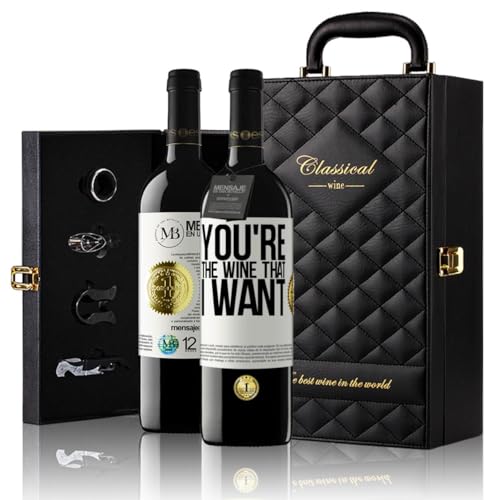 «You're the wine that I want» Flaschenpost. Geschenk-Luxus-Aktentasche 2x Premium Rotwein Reserve 12 Monate und Set mit 4 Accessoires. Etikett Weiß ANPASSBAR von Mensaje en una Botella