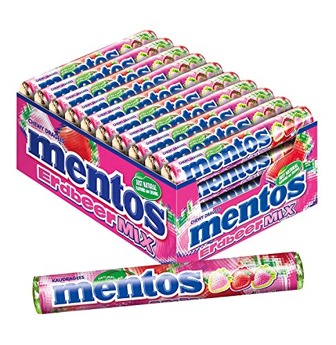 Mentos Dragees Erdbeere-Mix, süß-saure Frucht-Bonbons, fruchtig-spritzige Kaubonbons, Süßigkeiten Multipack (40 Rollen), vegan von MENTOS