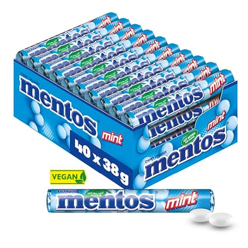 Mentos Kaubonbons Mint, Dragees mit Pfefferminz-Geschmack für frischen Atem, Multipack, Bonbon Vorrats-Packung, Verkaufsdisplay (40 Rollen), vegan von MENTOS