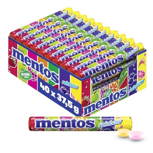 Mentos Rainbow Dragees, Frucht-Bonbons mit Orange, Erdbeer, Apfel, Heidelbeere, Himbeere, Melone & Grapefruit Geschmack, Süßigkeiten Multipack (40 Rollen), vegan von MENTOS