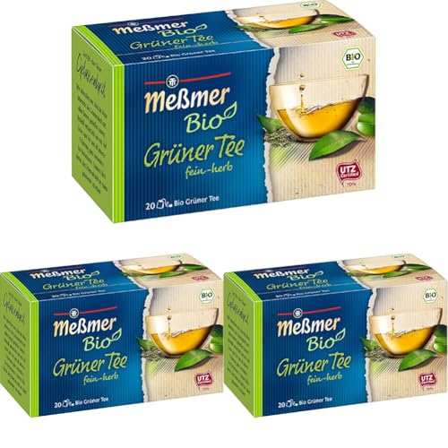 Meßmer Bio Grüner Tee | fein-herb | 20 Teebeutel | Vegan | Glutenfrei | Laktosefrei (Packung mit 3) von Meßmer