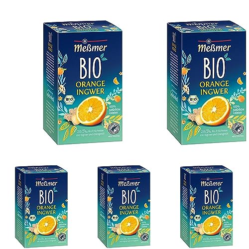 Meßmer Bio Orange Ingwer | Verfeinert mit natürlichem Fruchtöl | 100% natürliche Zutaten | 20 Teebeutel | Vegan | Glutenfrei | Laktosefrei (Packung mit 5) von Meßmer