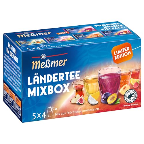 Meßmer Ländertee Mixbox | Limited Edition | 5x4 Teebeutel | Türkischer Apfel-Feige, Tropical Mango, Französische Pflaume, Toskanischer Pfirsich und Miami Vibes | Gluten- & Laktosefrei | Vegan von Meßmer