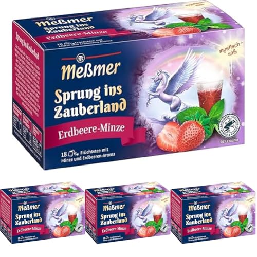 Meßmer Sprung ins Zauberland | Erbeere-Minze | 18 Teebeutel | Glutenfrei | Laktosefrei | Vegan (Packung mit 4) von Meßmer