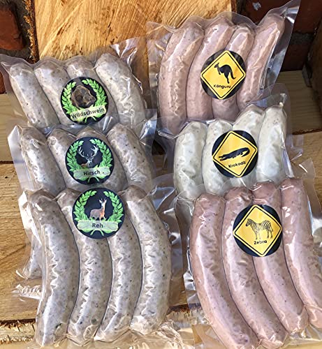 XXL Exoten/Wild Bratwurst Pack (Reh-, Wildschwein-, Hirsch-, Krokodil-, Känguru- und Zebrabratwurst) von COXZD