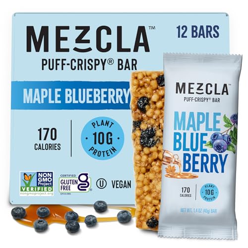 Mezcla Vegane Proteinriegel, glutenfreier Snack aus Erbsenprotein, Bio-Vanille, Heidelbeeren und anderen Premium-Zutaten, gesunde Snacks, Ahorn-Blaubeere, 10 g Protein, 12 Stück von Mezcla