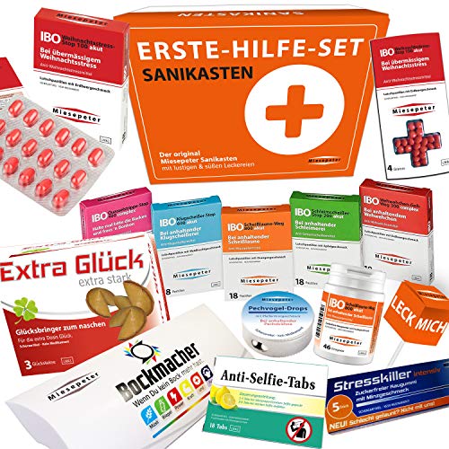 Miesepeter Sanikasten | ERSTE-HILFE-SET | Geschenkbox, witziges Geschenkeset zu Weihnachten lustiges Geburtstagsgeschenk | Mit süßen und lustigen Leckereien (X-Mas Edition) von Miesepeter