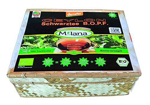 100 MILANA Ceylon Demeter BIO-SCHWARZ-TEEBEUTEL BOPF Broken Orange Pekoe Premium-Tee in HANDGEFLOCHTENEM TEEKÖRBCHEN 55% des Verkaufspreises ist SOZIALE HILFSLEISTUNG Der Tee der nach Liebe schmeckt von Milana