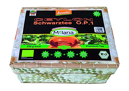 250 g Milana CEYLON Demeter BIO-SCHWARZTEE LOSE OP1 Orange Pekoe 1 Premium-Tee in HANDGEFLOCHTENEM TEEKÖRBCHEN 55% des Verkaufspreises ist SOZIALE HILFSLEISTUNG Der Tee der nach Liebe schmeckt. von Milana