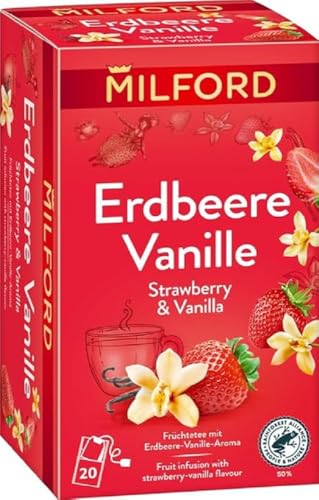 MILFORD Erdbeere Vanille | Früchtetee mit Erdbeere-Vanille-Aroma | 20 Teebeutel von Milford