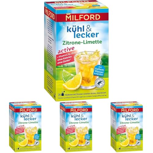 Milford kühl & lecker Active Zitrone-Limette | Echter Früchtetee | Mit Vitamin C | Vitamin B3 und Zink | 50 g (Packung mit 4) von Milford