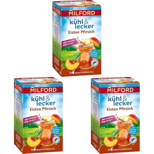 Milford kühl & lecker Eistee Pfirsich | Ohne Kalorien | Ohne Zucker | Laktosefrei | Glutenfrei | Vegan | 20 Teebeutel | 50 g (Packung mit 3) von Milford