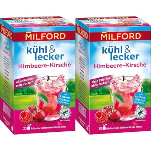 Milford kühl & lecker Himbeere-Kirsch | Ohne Kalorien | Ohne Zucker | Laktosefrei | Glutenfrei | vegan | 20 Teebeutel | 50 g (Packung mit 2) von Milford