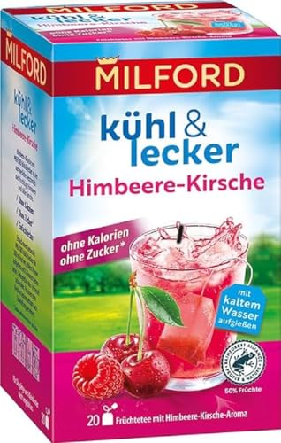 Milford kühl & lecker Himbeere-Kirsch | Ohne Kalorien | Ohne Zucker | Laktosefrei | Glutenfrei | vegan | 20 Teebeutel | 50 g von Milford