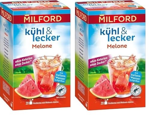 Milford kühl & lecker Melone | Ohne Kalorien | Ohne Zucker | Laktosefrei | Glutenfrei | Vegan | 20 Teebeutel | 50 g (Packung mit 2) von Milford