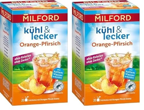 Milford kühl & lecker Orange-Pfirsich | Ohne Kalorien | Ohne Zucker | Laktosefrei | Glutenfrei | Vegan | 20 Teebeutel | 50 g (Packung mit 2) von Milford