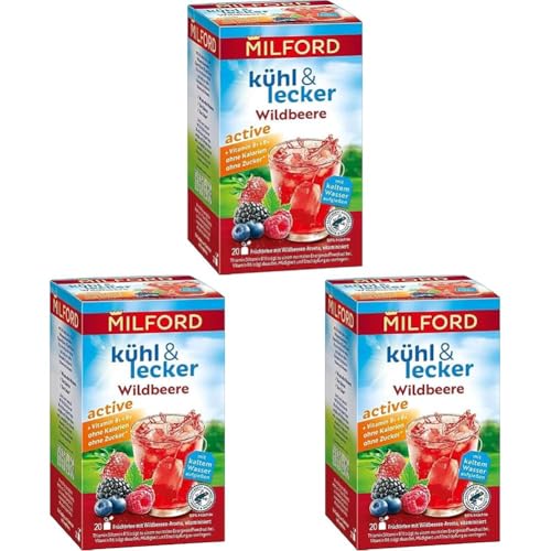 Milford kühl & lecker active Wildbeere | Ohne Kalorien | Ohne Zucker | Laktosefrei | Glutenfrei | Vegan | 20 Teebeutel |50 g (Packung mit 3) von Milford