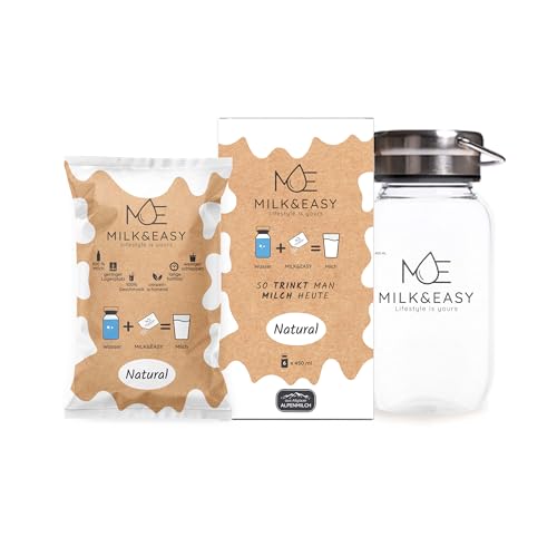 Starter Set Milk&Easy - mit Milchflasche: Natural Box - H-Milch Pulver Vollmilch 6er Pack Starter Set - Alpenmilch Camping haltbar von Milk&Easy