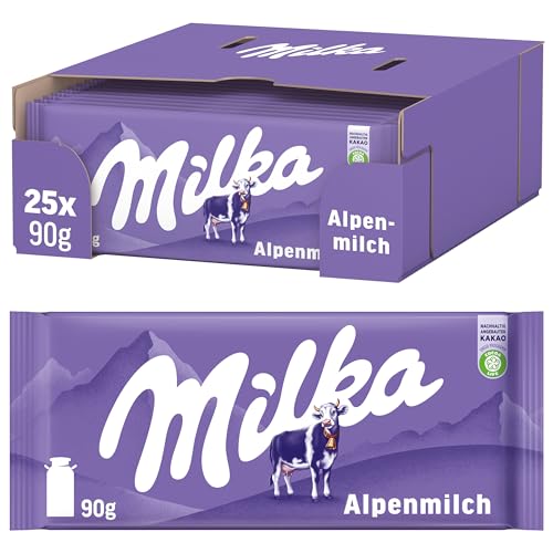 Milka Alpenmilch Schokolade, Herzschmelzende Textur, Unvergleichlicher Geschmack, 25x 90g von Milka