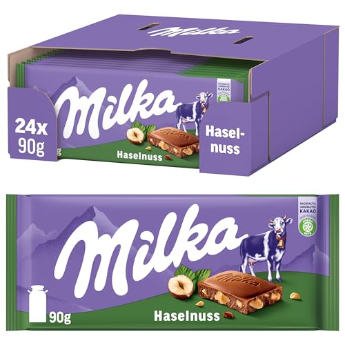 Milka Alpenmilch-Schokoladentafel mit Haselnussstückchen, 24 x 90g von Milka