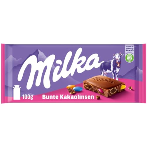 Milka Bunte Kakaolinsen 1 x 100g I Alpenmilch-Schokolade I mit bunten, dragierten Schoko-Linsen I Milka Schokolade aus 100% Alpenmilch I Tafelschokolade von Milka