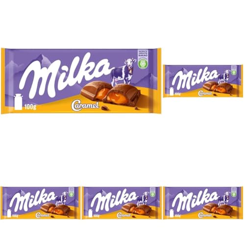 Milka Caramel 1 x 100g I Alpenmilch-Schokolade I mit flüssigem Karamell-Kern I Milka Schokolade aus 100% Alpenmilch I Tafelschokolade (Packung mit 5) von Milka