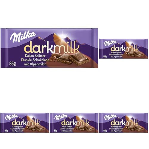 Milka Dark Milk Kakao Splitter 1x 85g I Zartherbe Alpenmilch-Schokolade I mit Kakao Nibs I Milka Schokolade aus 100% Alpenmilch I Tafelschokolade (Packung mit 5) von Milka