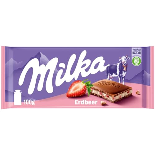 Milka Erdbeer 1 x 100g I Alpenmilch-Schokolade I mit Joghurt-Füllung und Erdbeer-Stückchen I Milka Schokolade aus 100% Alpenmilch I Tafelschokolade von Milka